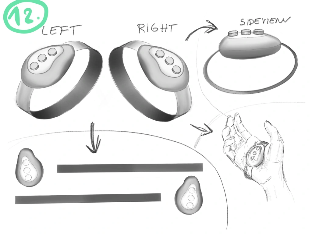 Three keys on an ergonomic device that fits in the palm of a hand. The device can be strapped around the hand. One device for each hand.