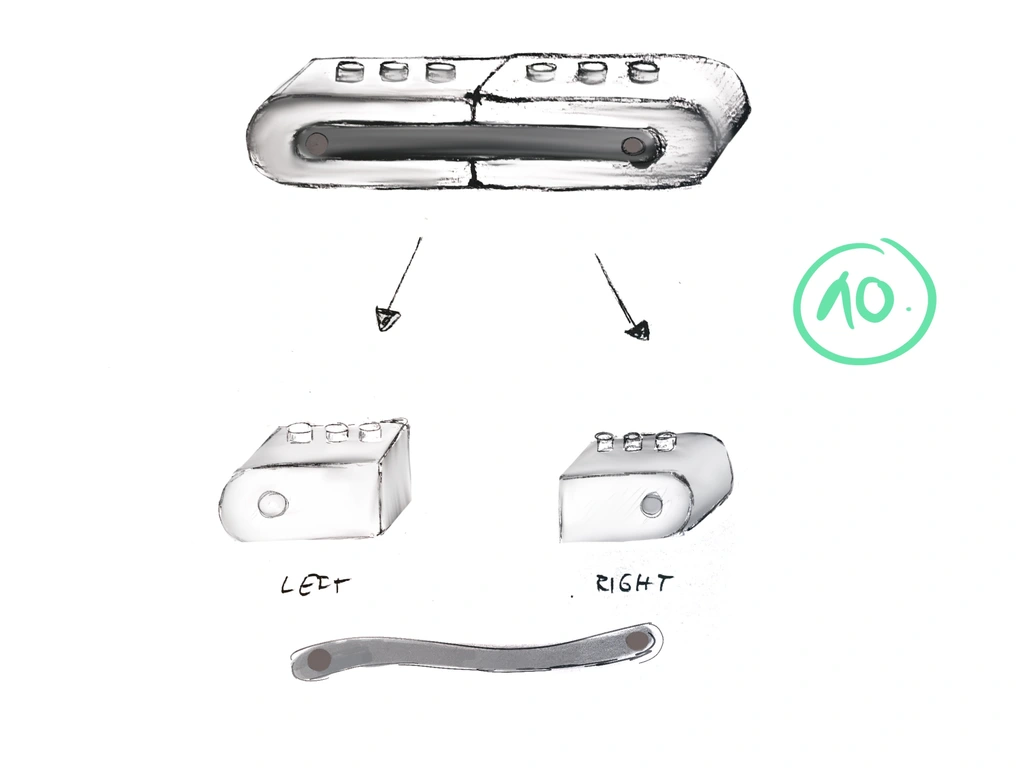 Two halfes of a device that ist tied together by a ribbon. Each half supports three keys.